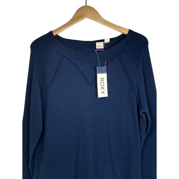Roxy Sweater Mini Dress Sz M Navy Blue Long Sleeve Button Up Dress Peasant Boho - Picture 2 of 7
